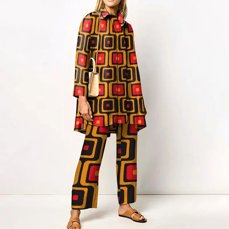 Damen Zweiteiler-Set mit Bluse und Vintage-Print