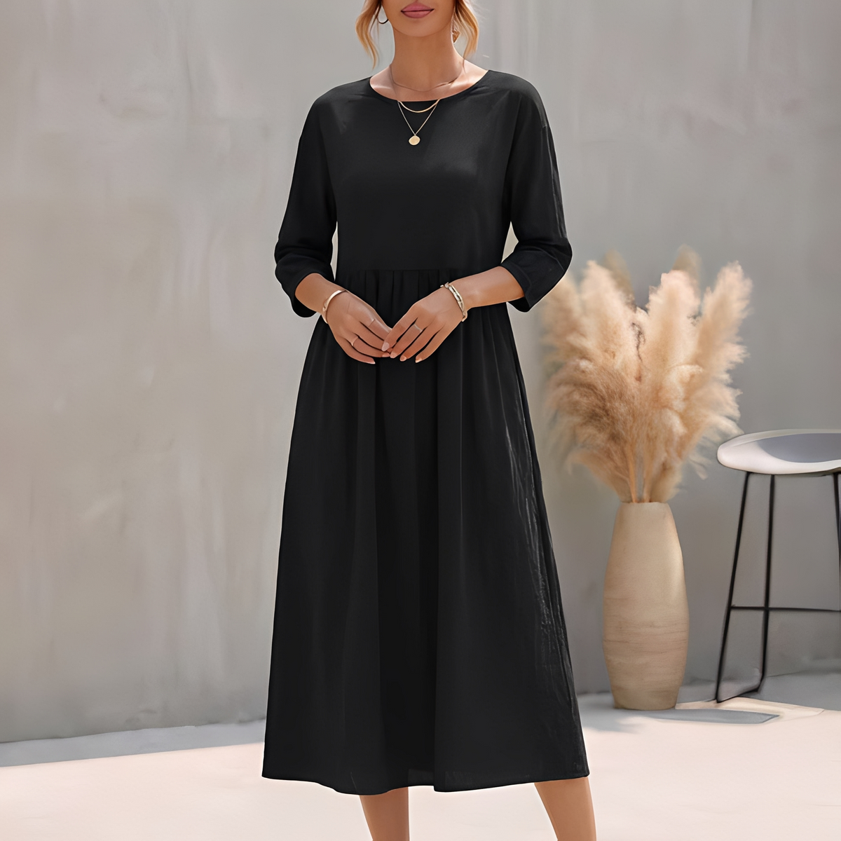 Damen Midi-Sommerkleid mit Empire-Taille und Seitentaschen