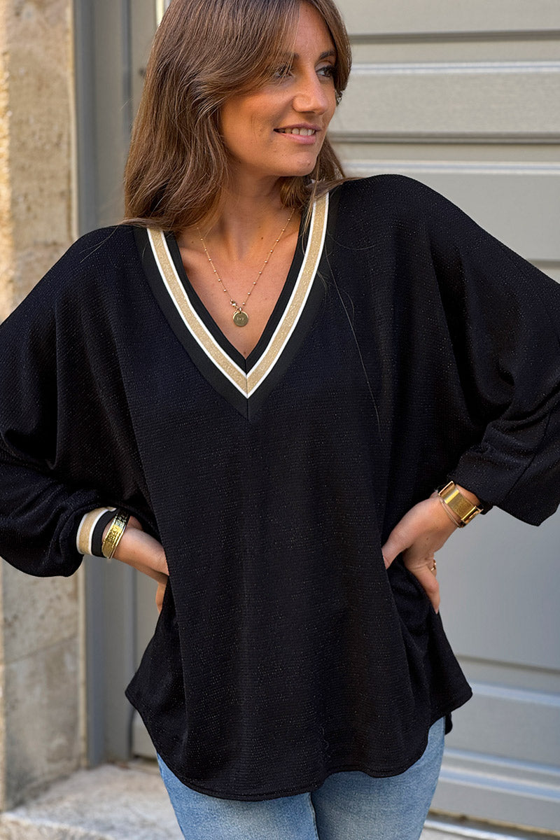 Damen weites Top mit V-Ausschnitt und Glitzerbesatz