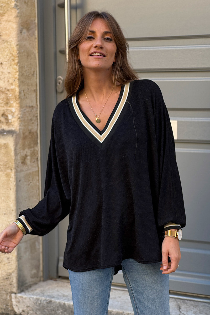 Damen weites Top mit V-Ausschnitt und Glitzerbesatz