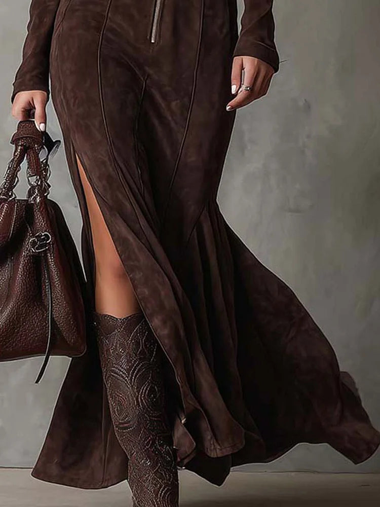 Damen Maxikleid mit Frontreißverschluss und Gürtel