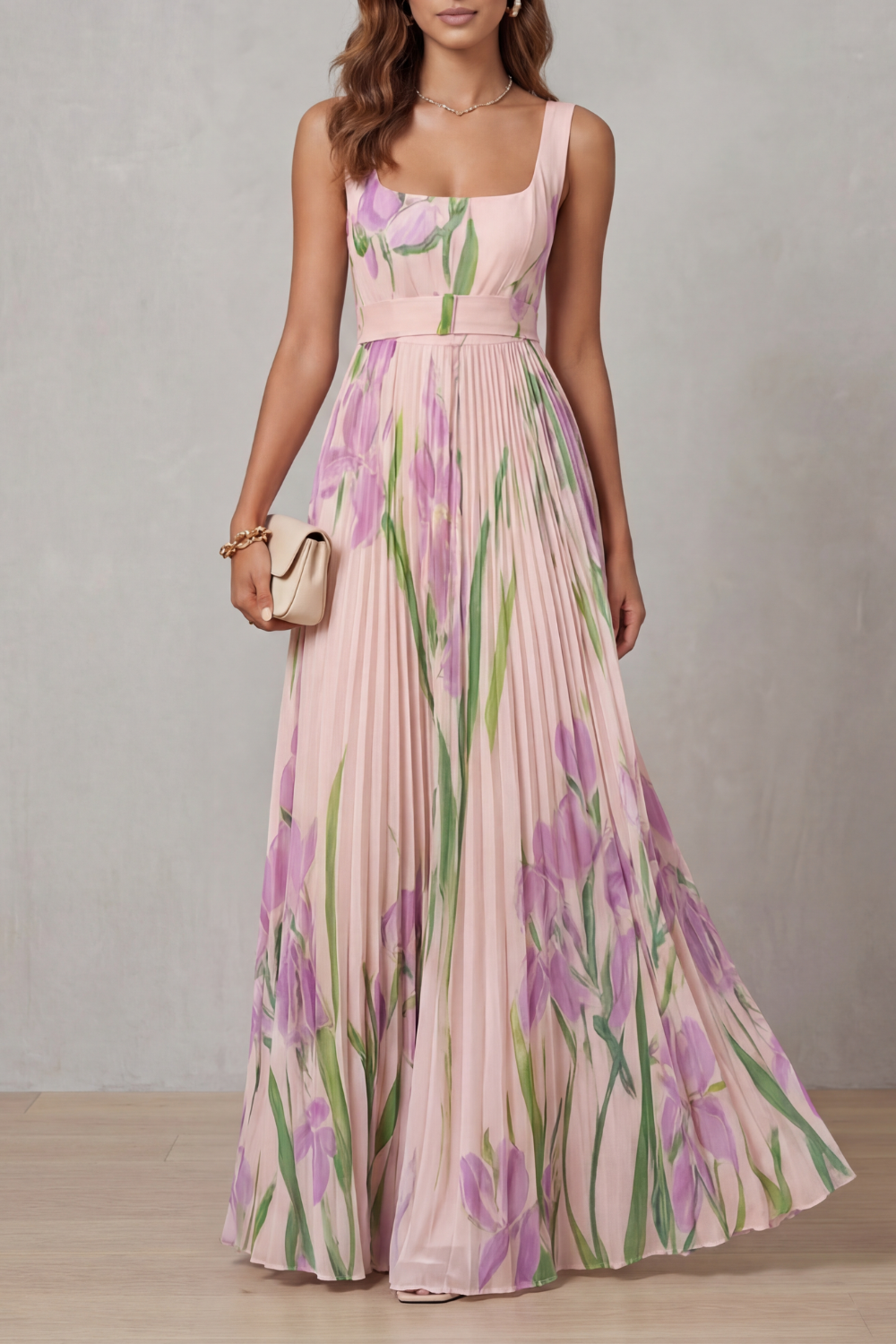 Damen Maxikleid mit Aquarellblumenprint und Falten