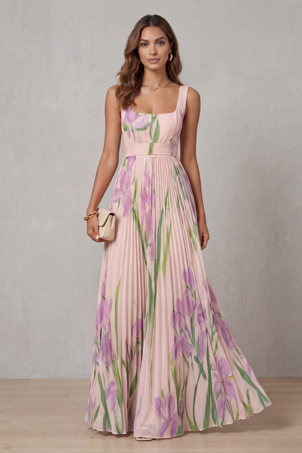 Damen Maxikleid mit Aquarellblumenprint und Falten