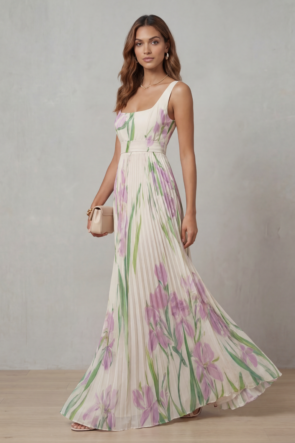 Damen Maxikleid mit Aquarellblumenprint und Falten