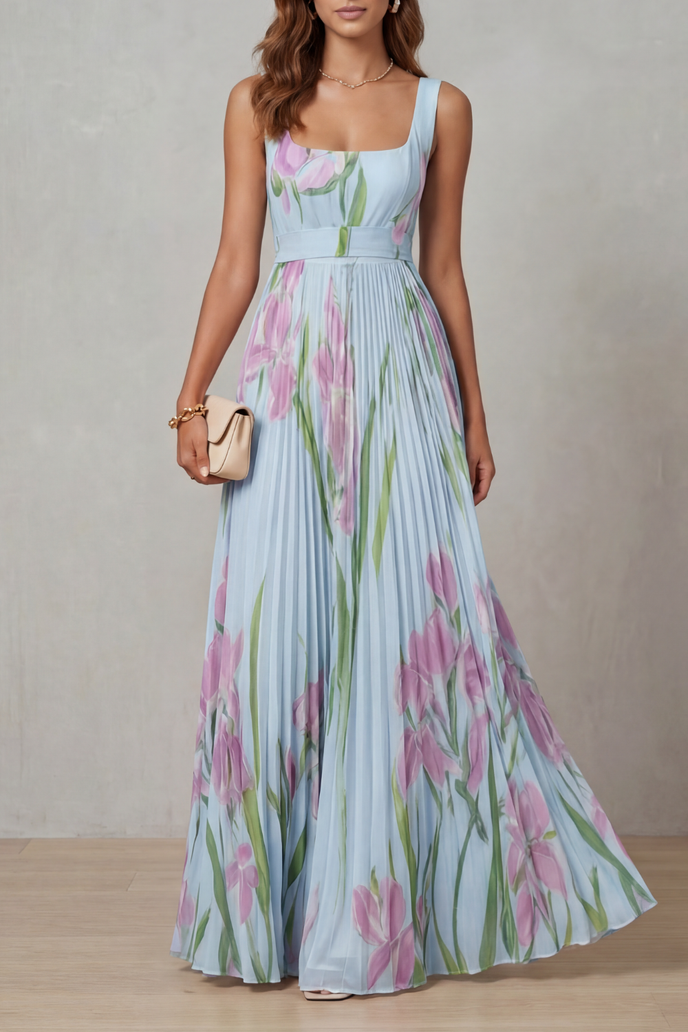 Damen Maxikleid mit Aquarellblumenprint und Falten