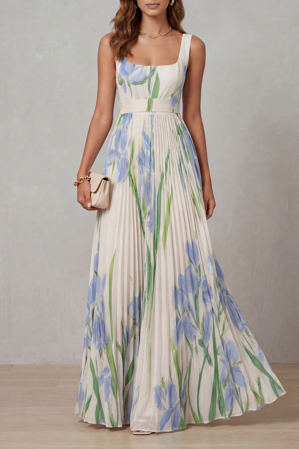 Damen Maxikleid mit Aquarellblumenprint und Falten