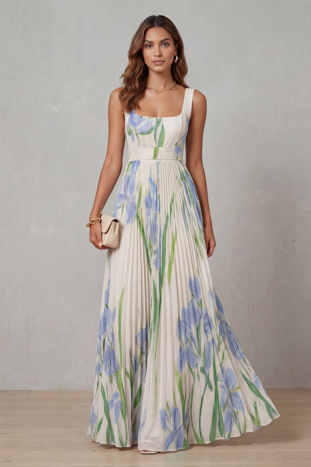 Damen Maxikleid mit Aquarellblumenprint und Falten