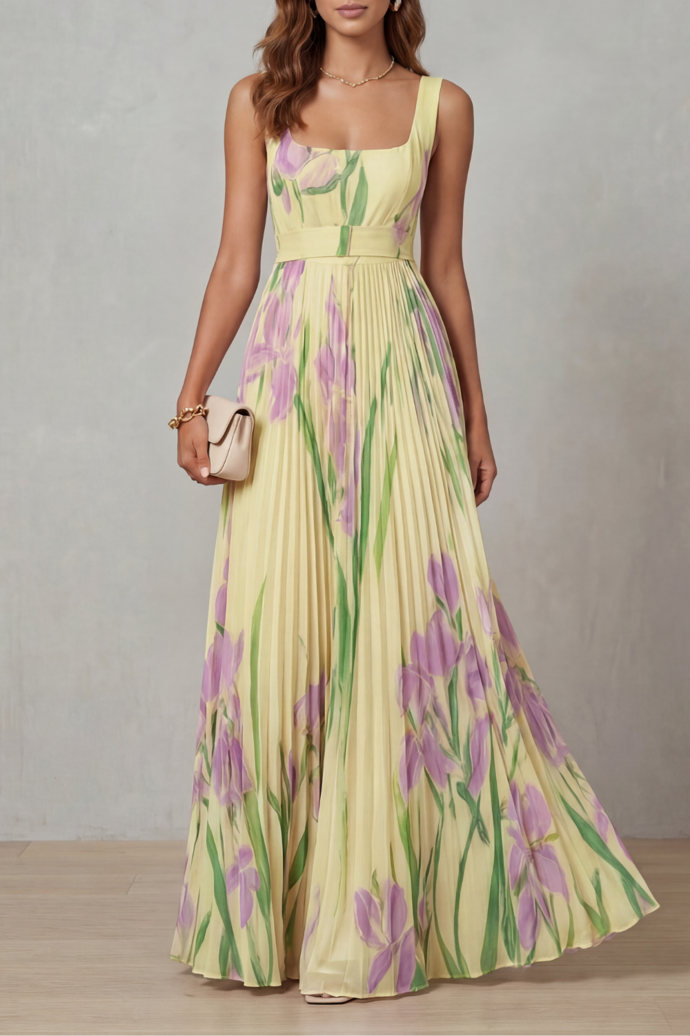 Damen Maxikleid mit Aquarellblumenprint und Falten