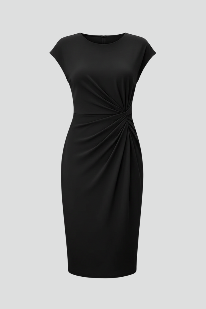 Damen Kleid knielang mit Rundhalsausschnitt und Taillenraffung