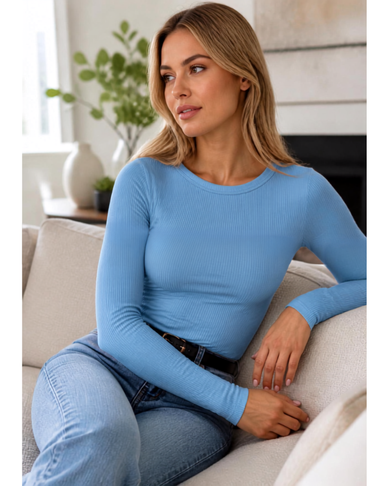 Damen figurbetontes Ripptop mit langen Ärmeln