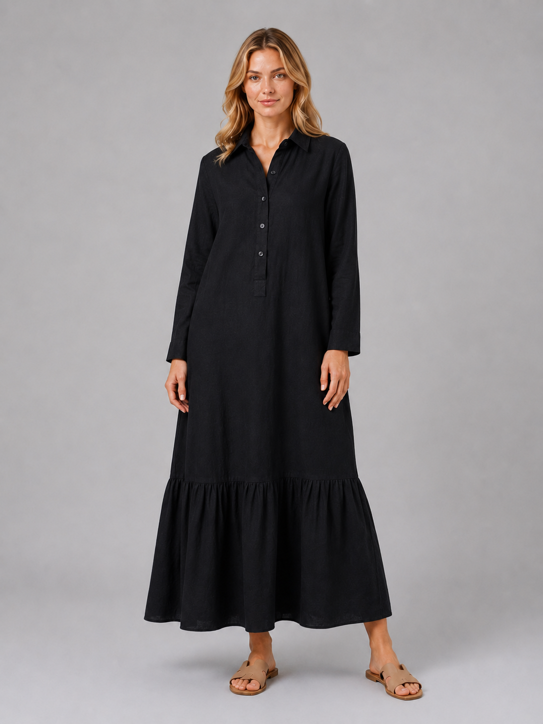 Damen Maxi Hemdblusenkleid aus Baumwollmischung