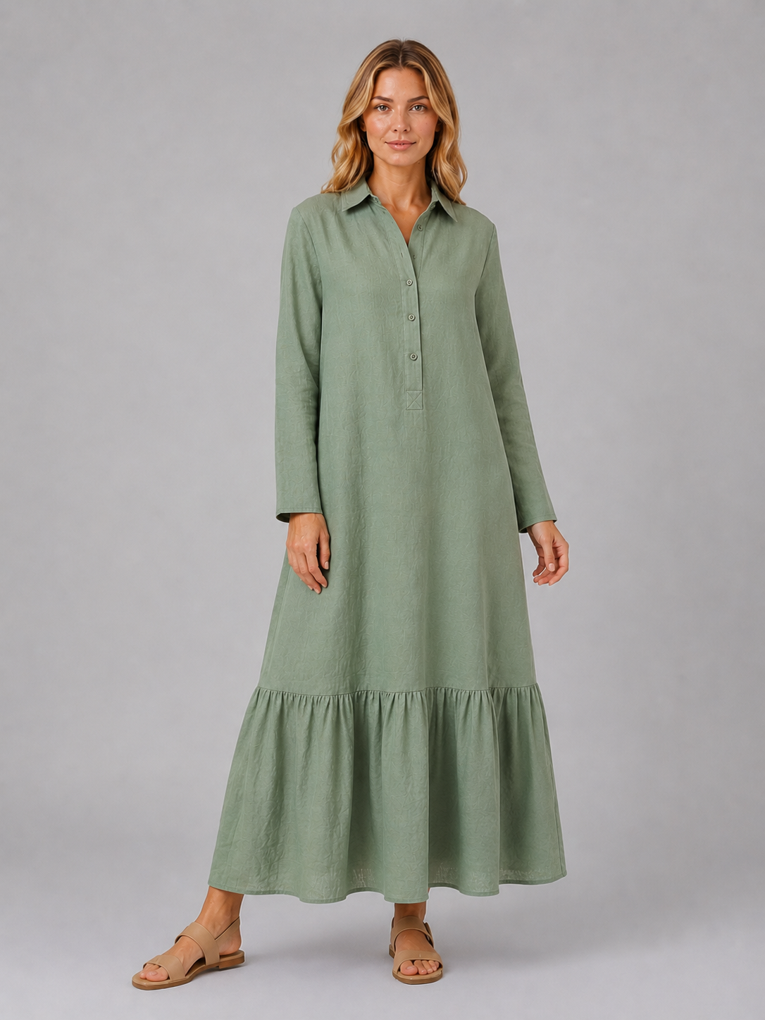 Damen Maxi Hemdblusenkleid aus Baumwollmischung