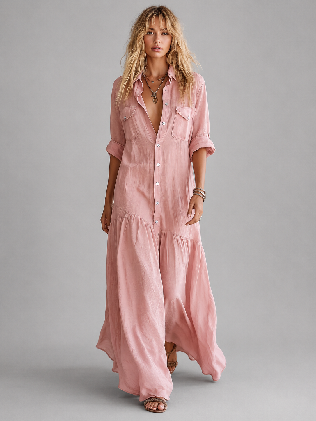 Damen Leinenlook Maxikleid mit Knopfleiste