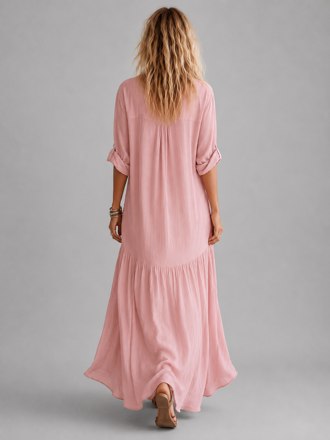 Damen Leinenlook Maxikleid mit Knopfleiste