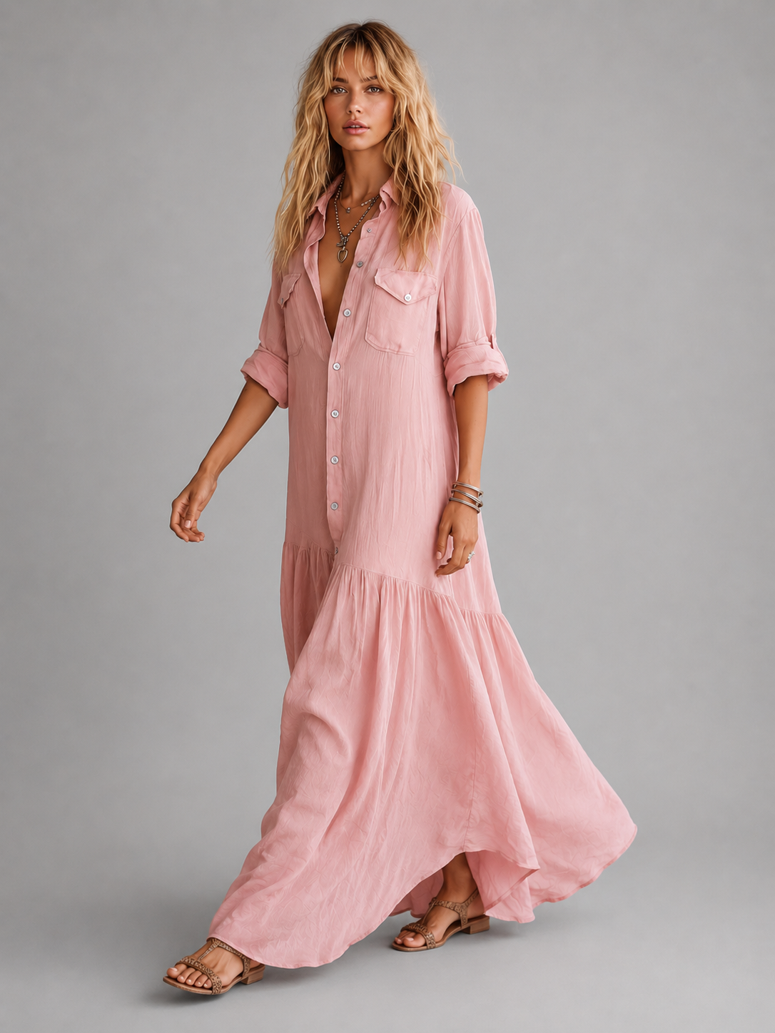 Damen Leinenlook Maxikleid mit Knopfleiste