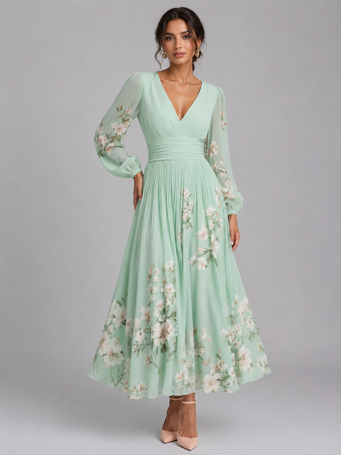 Damen Blumenprint Chiffon V-Ausschnitt Midikleid