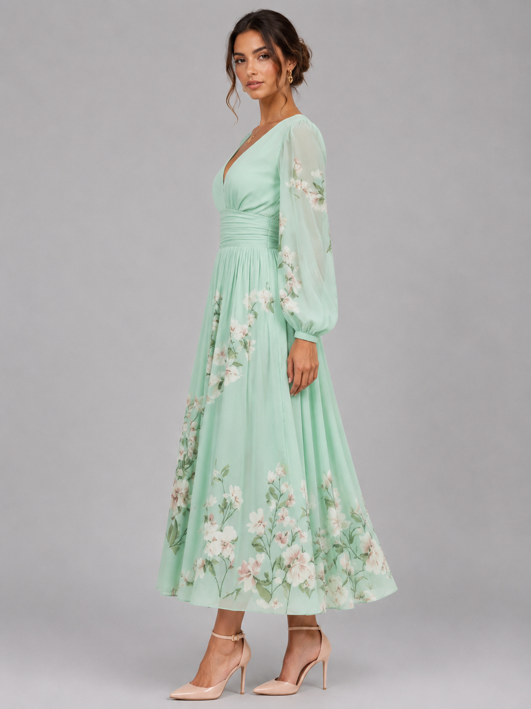 Damen Blumenprint Chiffon V-Ausschnitt Midikleid