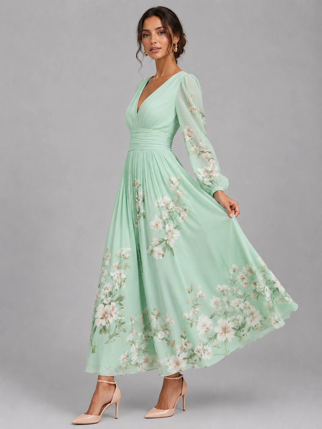 Damen Blumenprint Chiffon V-Ausschnitt Midikleid