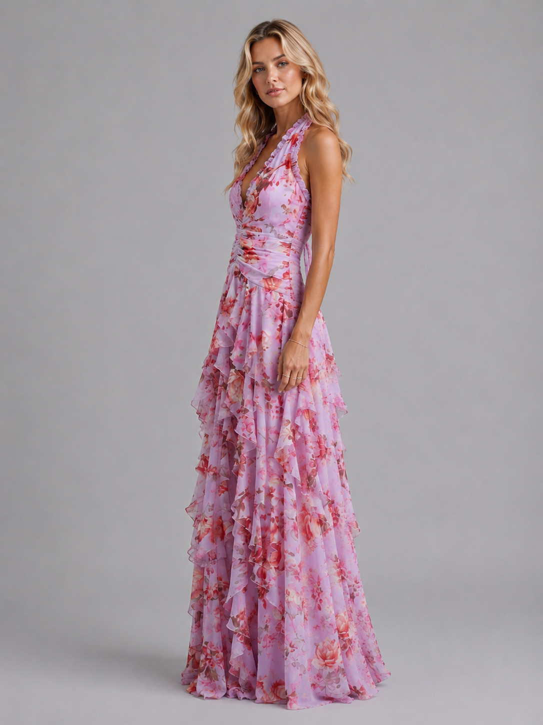 Damen Halter-Maxikleid mit Blumenprint
