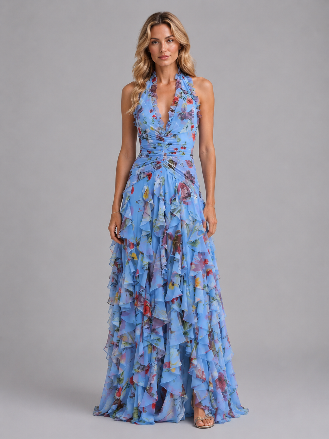 Damen Halter-Maxikleid mit Blumenprint