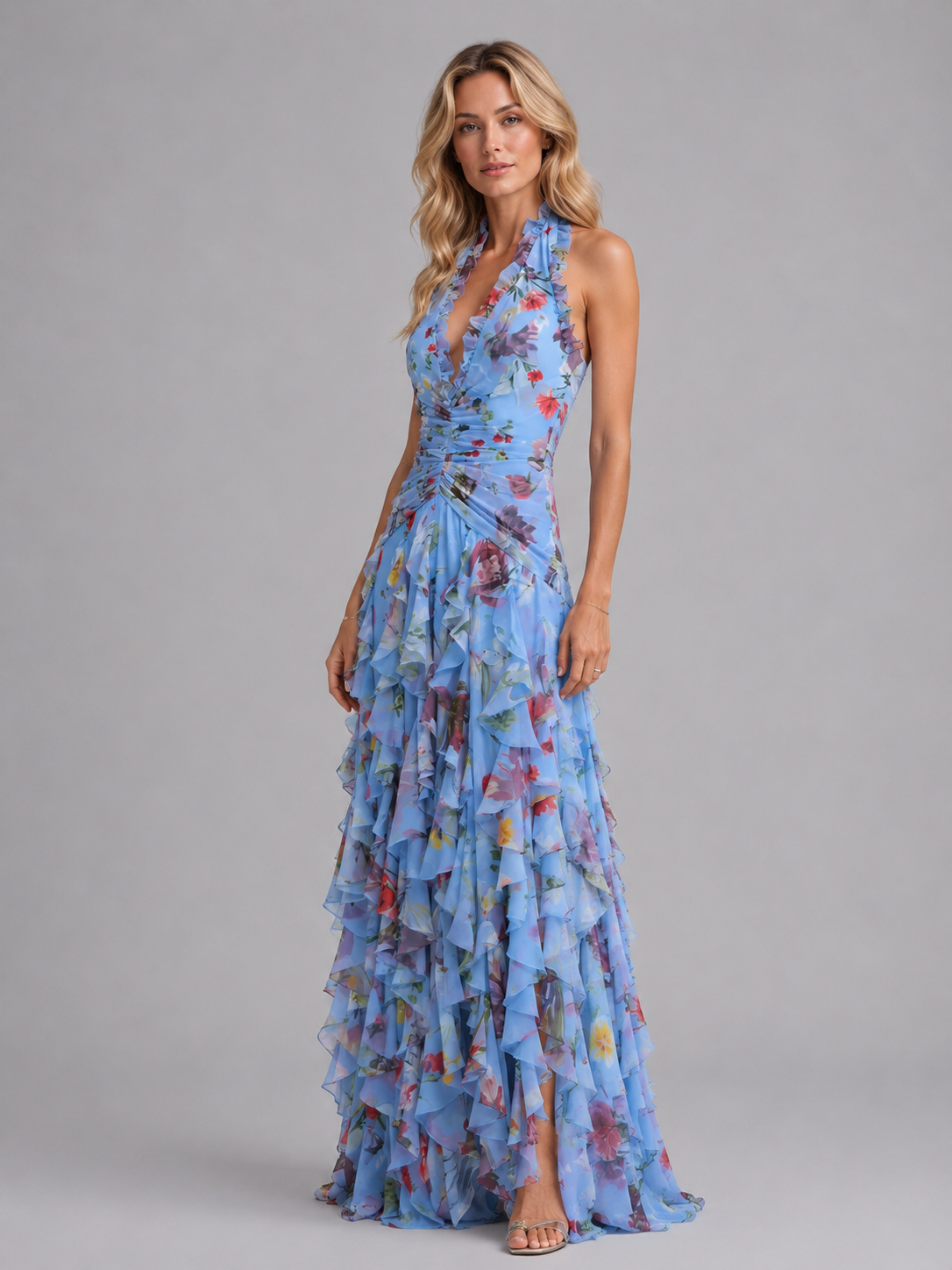 Damen Halter-Maxikleid mit Blumenprint