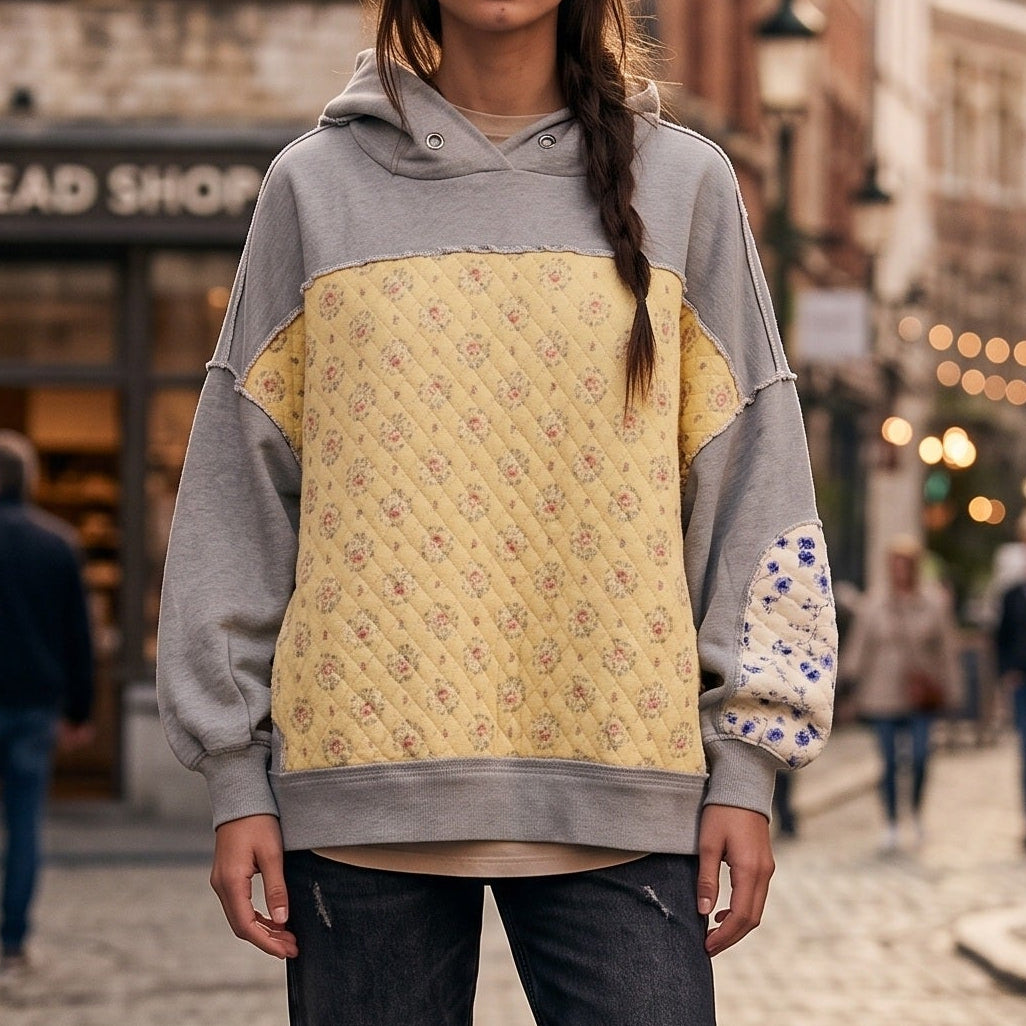 Damen Oversized-Hoodie mit Blumenmuster und Kordelzug