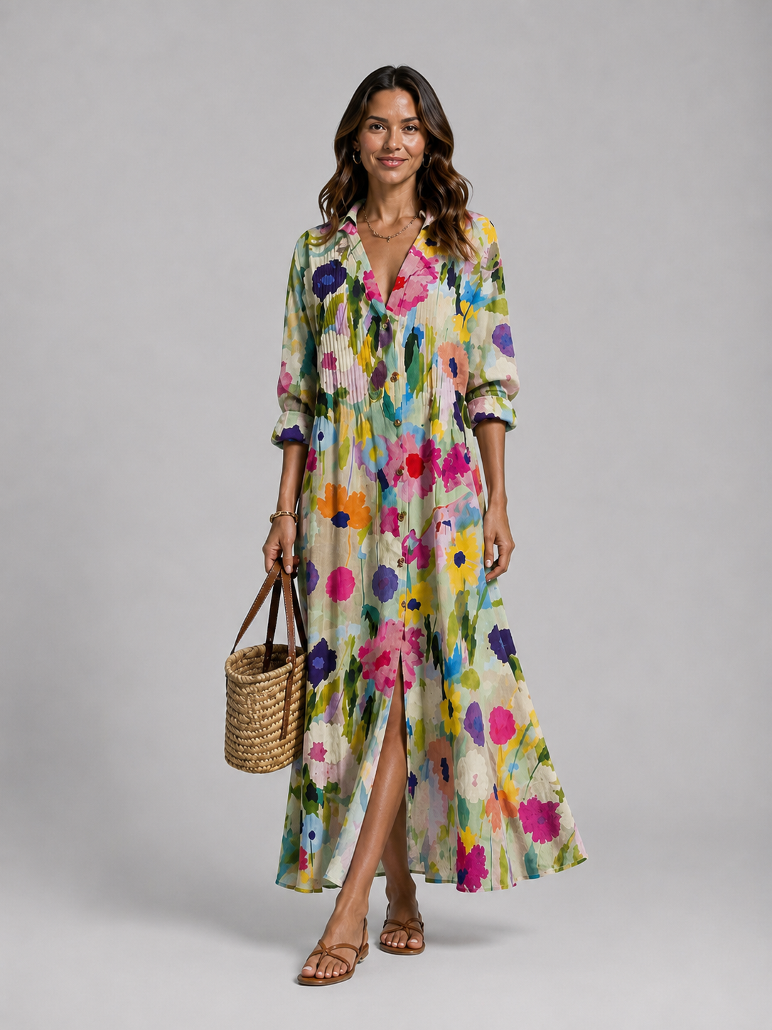 Damen Print Hemd-Maxikleid