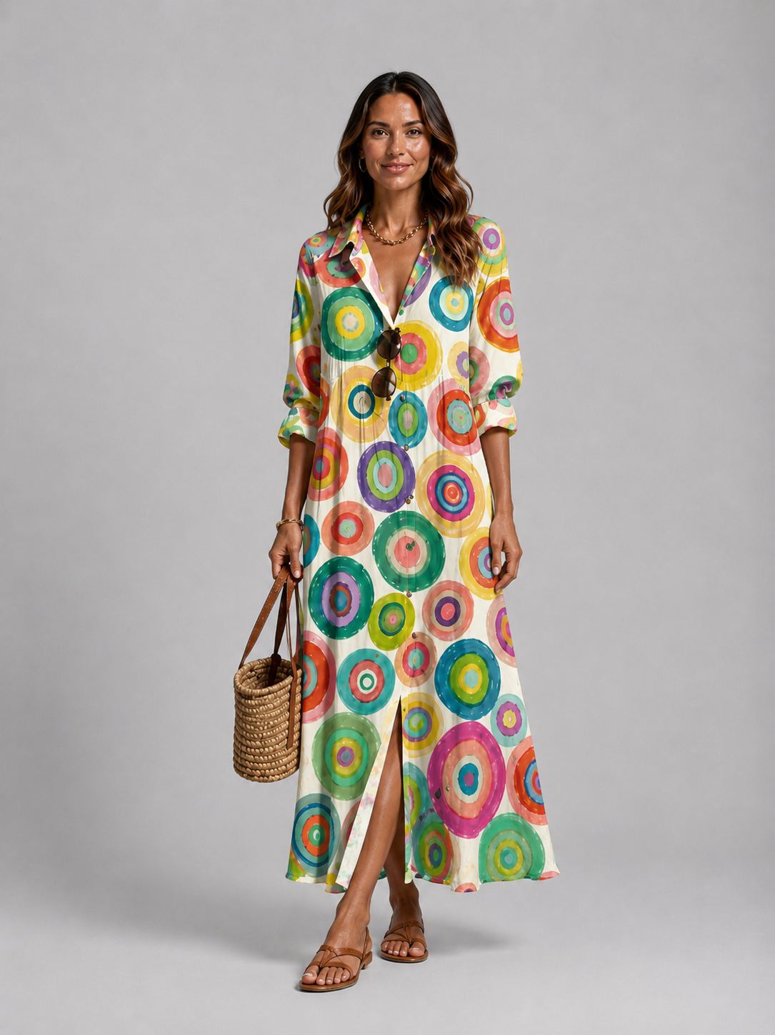 Damen Print Hemd-Maxikleid