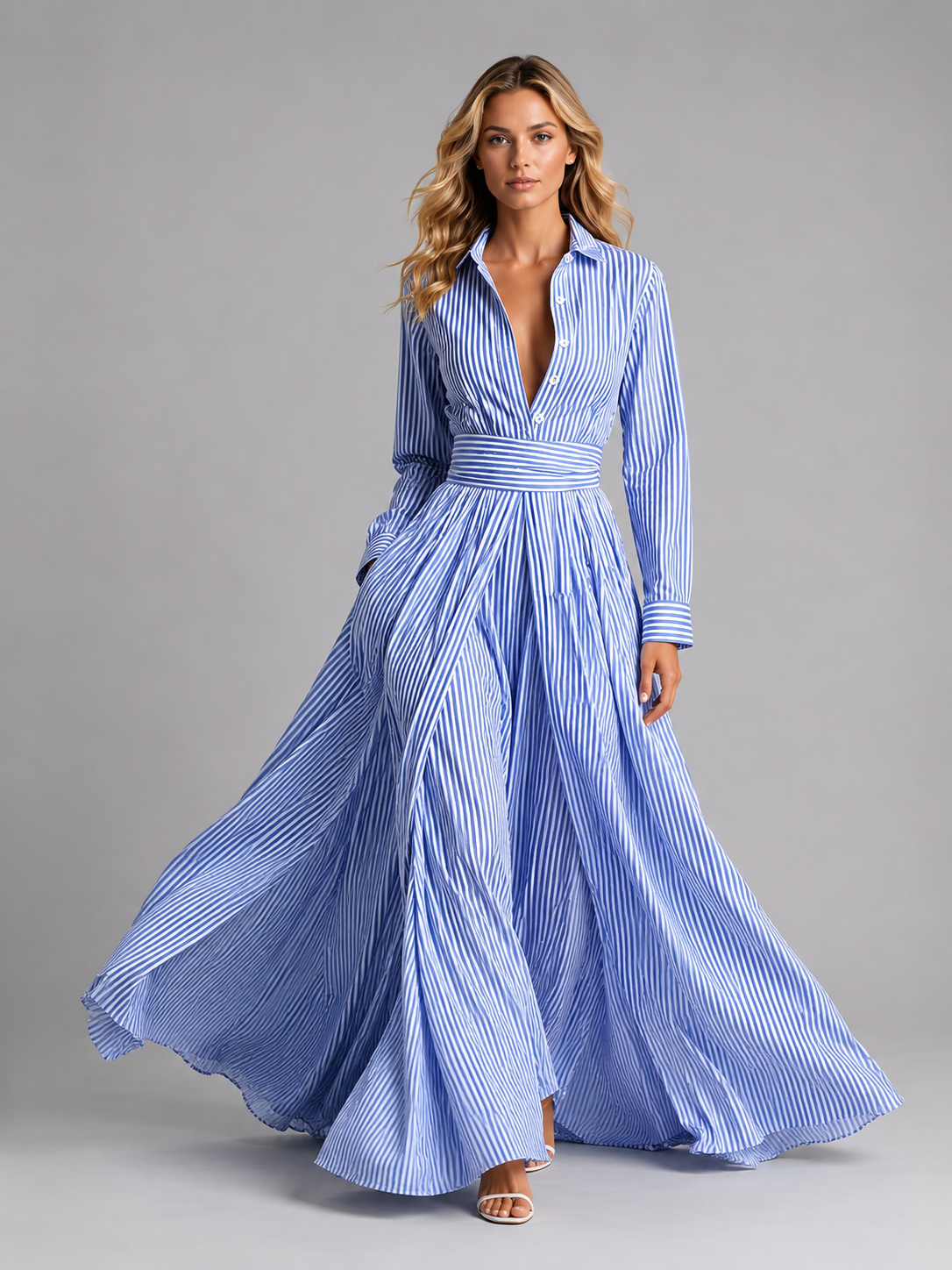 Damen Streifen Hemd-Maxikleid