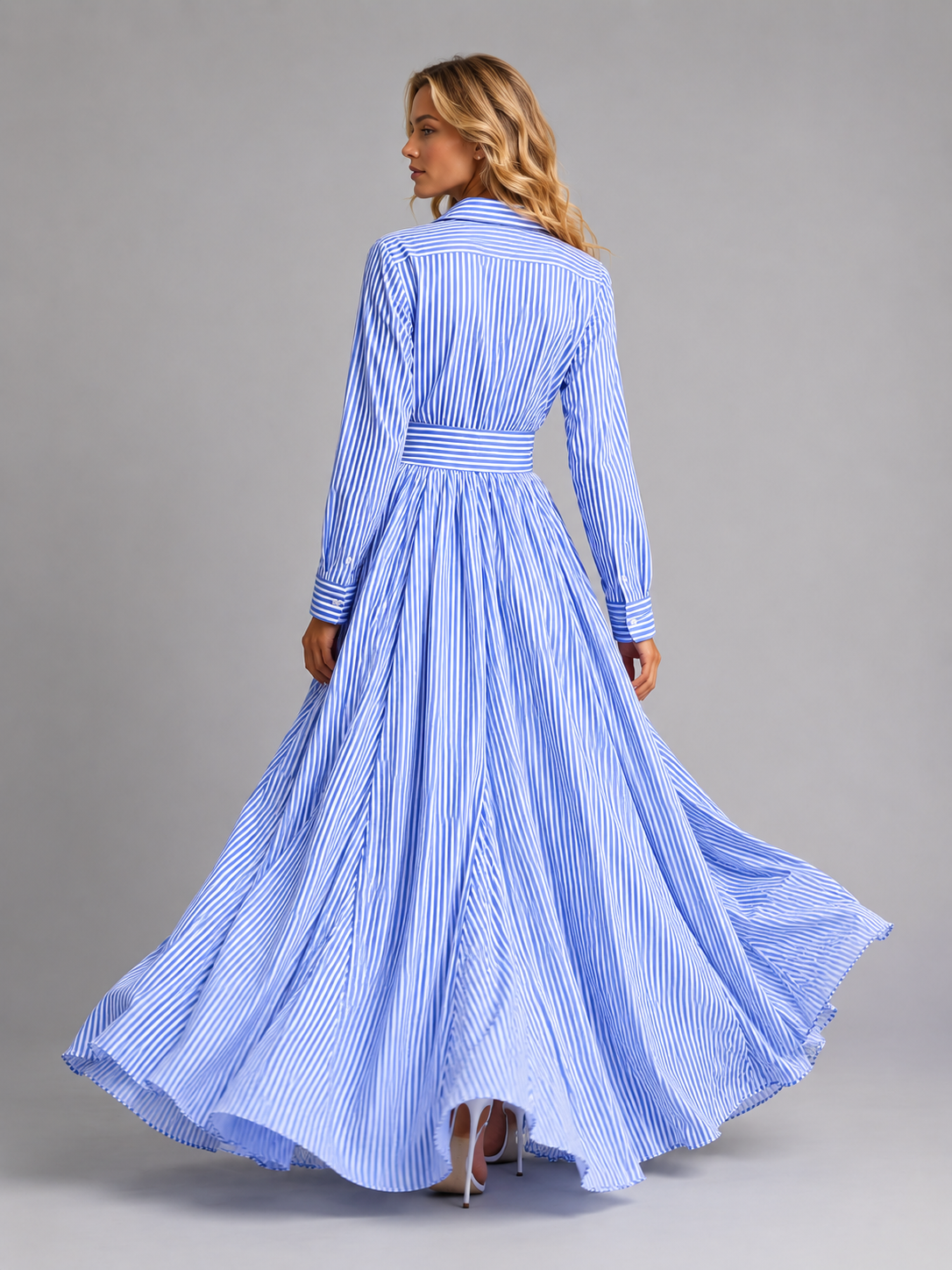 Damen Streifen Hemd-Maxikleid