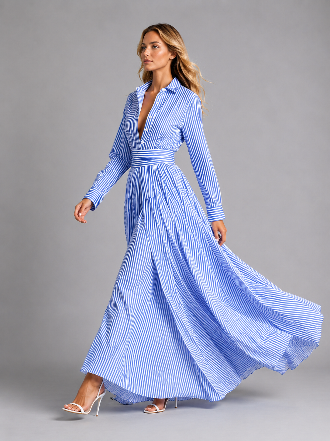 Damen Streifen Hemd-Maxikleid