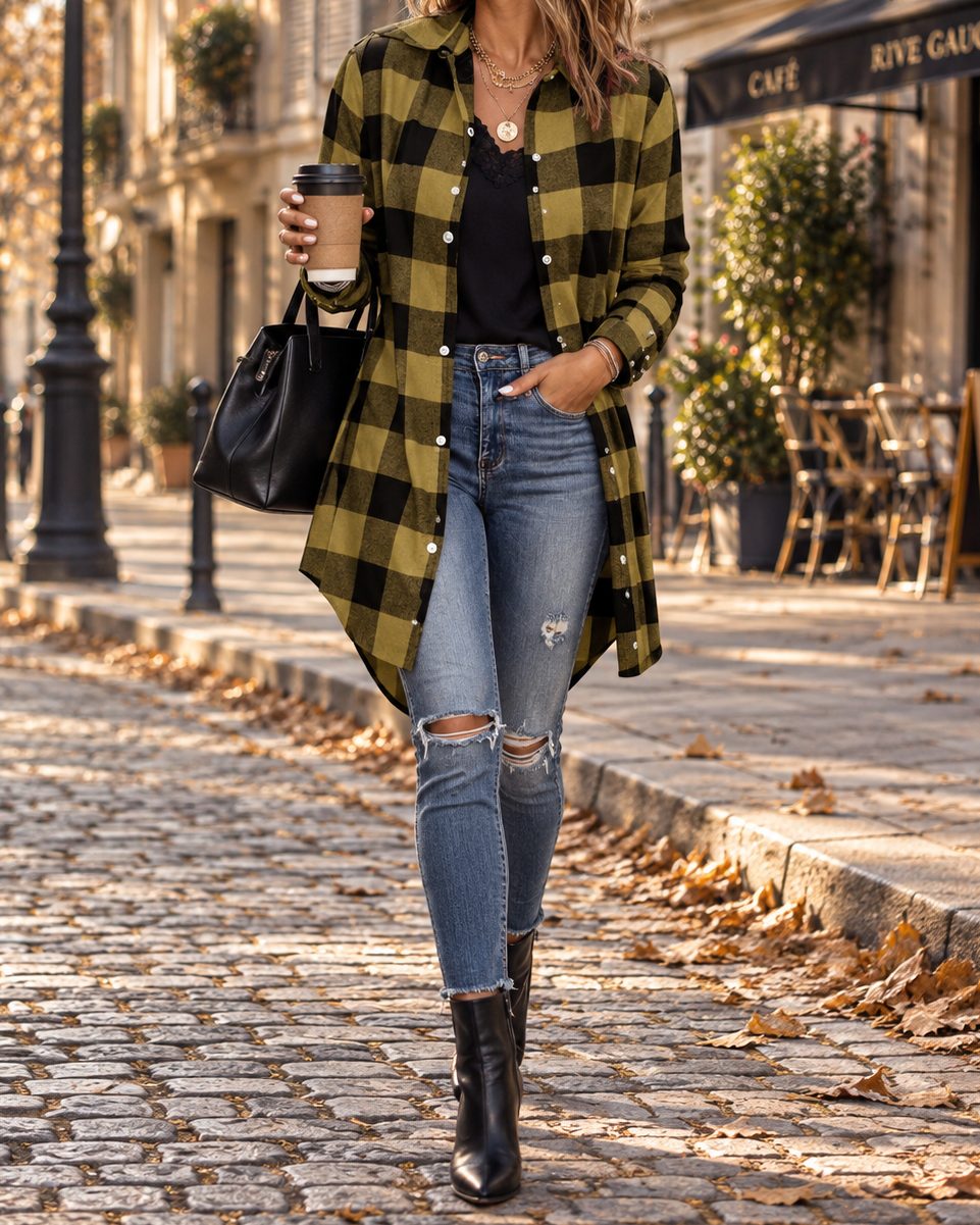 Damen Overshirt mit Karomuster und Knopfleiste