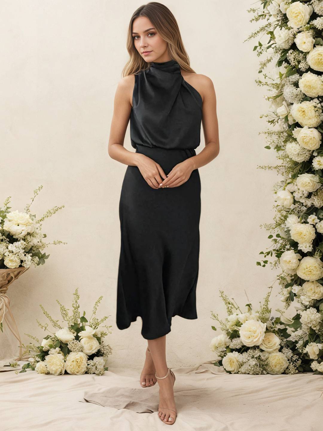 Damen Satin Halterkleid mit Wickeloptik