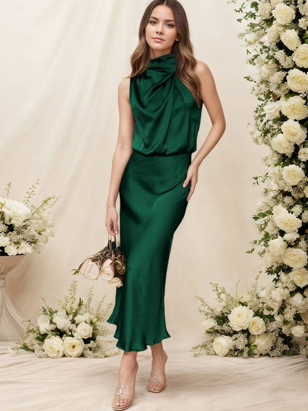 Damen Satin Halterkleid mit Wickeloptik