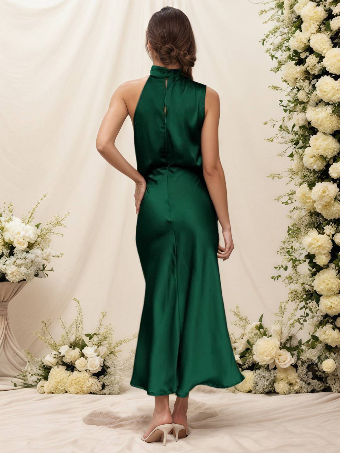 Damen Satin Halterkleid mit Wickeloptik