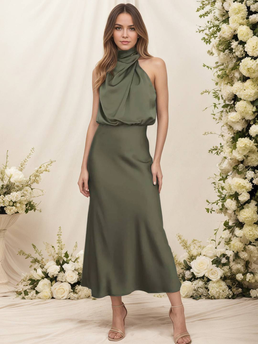 Damen Satin Halterkleid mit Wickeloptik