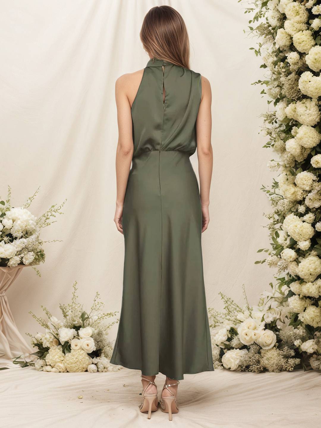Damen Satin Halterkleid mit Wickeloptik