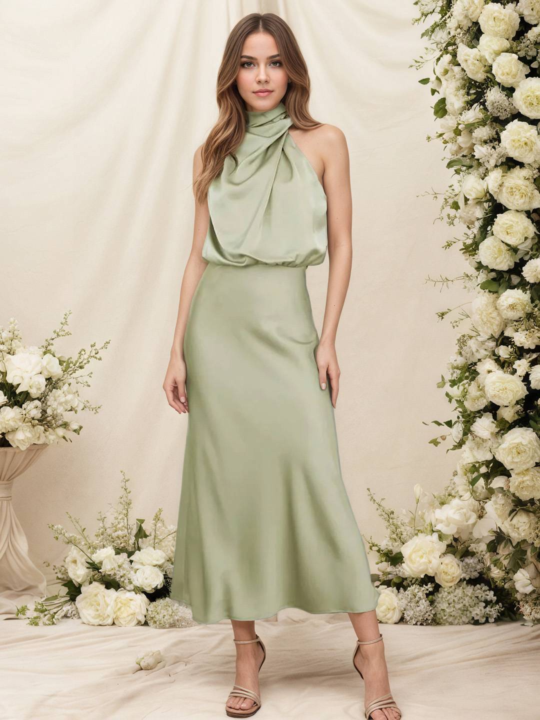 Damen Satin Halterkleid mit Wickeloptik