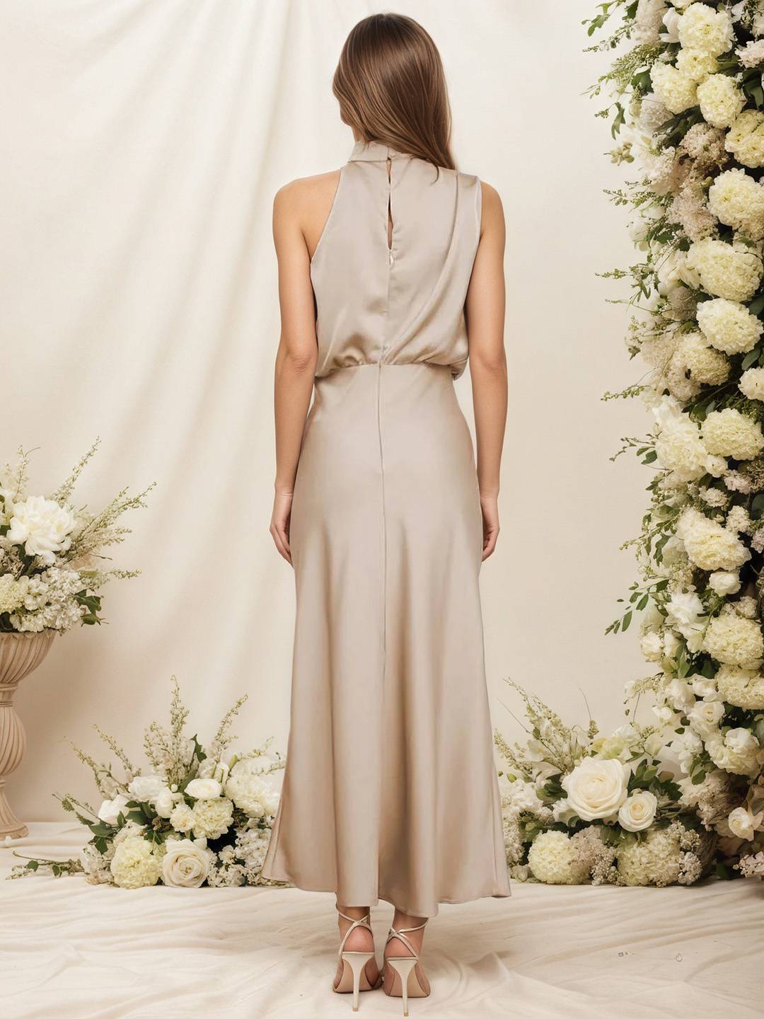 Damen Satin Halterkleid mit Wickeloptik