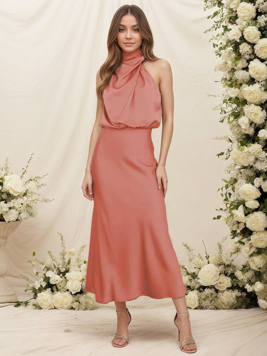Damen Satin Halterkleid mit Wickeloptik