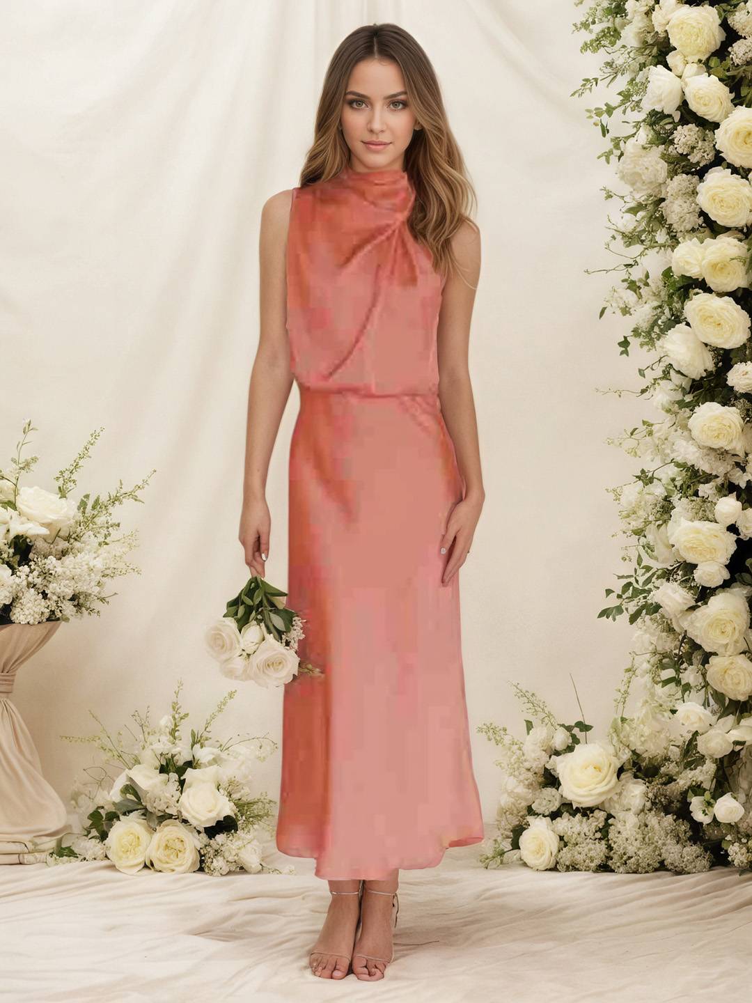 Damen Satin Halterkleid mit Wickeloptik