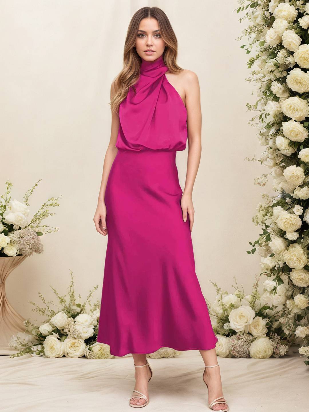 Damen Satin Halterkleid mit Wickeloptik