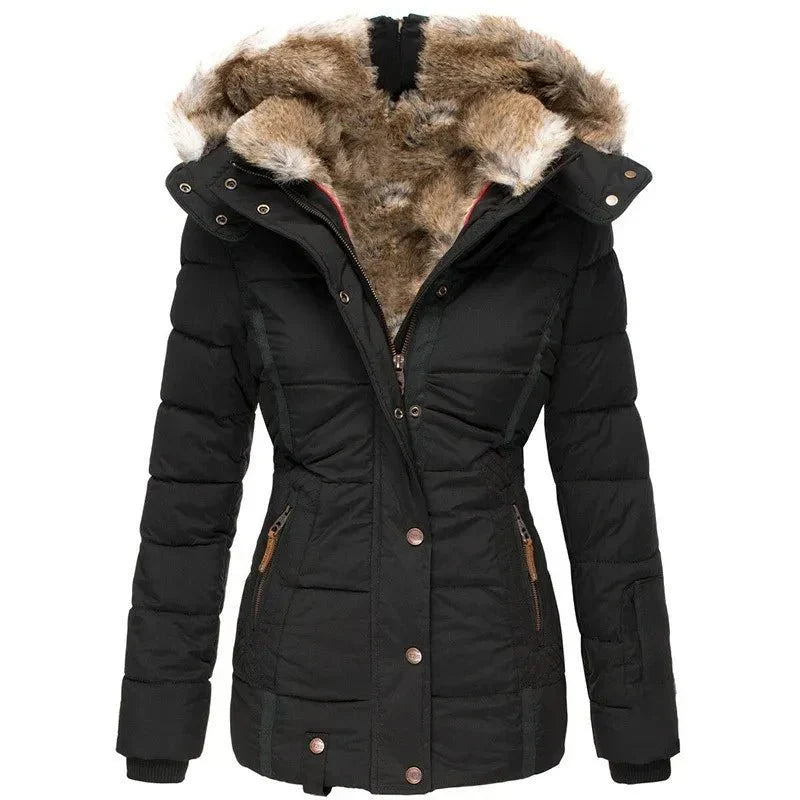 Damen warme Winterjacke mit Kunstfellkapuze