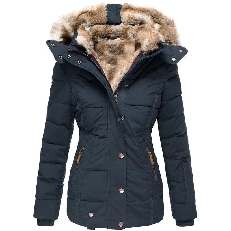 Damen warme Winterjacke mit Kunstfellkapuze