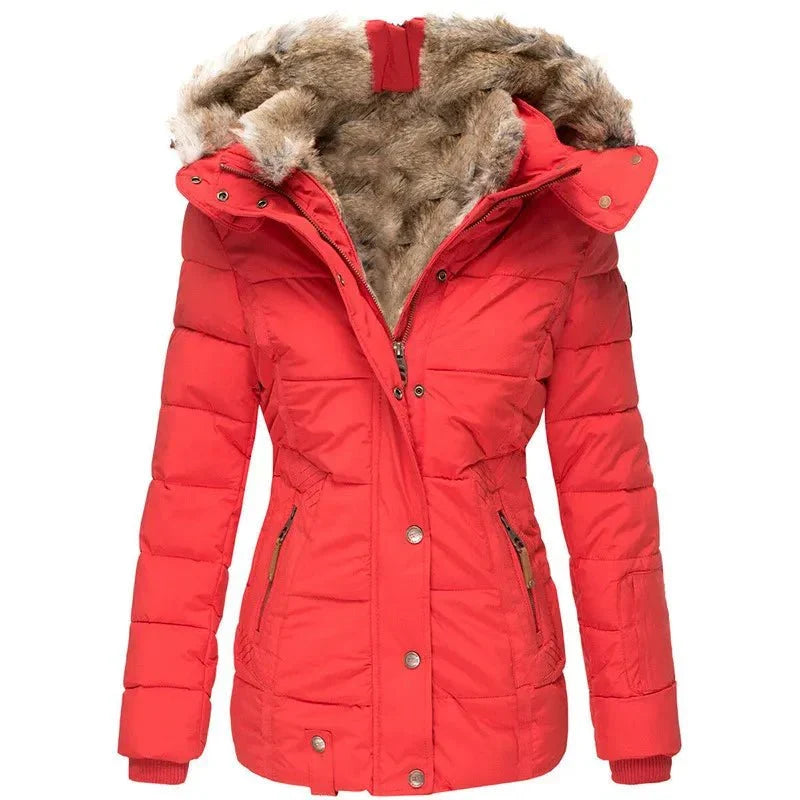 Damen warme Winterjacke mit Kunstfellkapuze