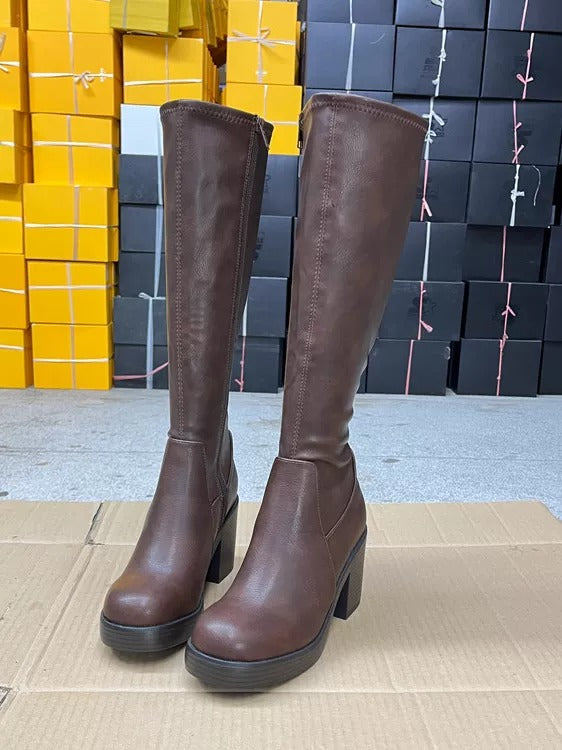 Damen Kniestiefel mit Blockabsatz und runder Zehenpartie