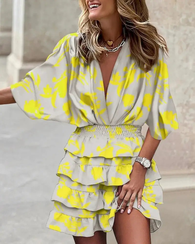 Damen Boho-Mini-Kleid mit V-Ausschnitt und Rüschen