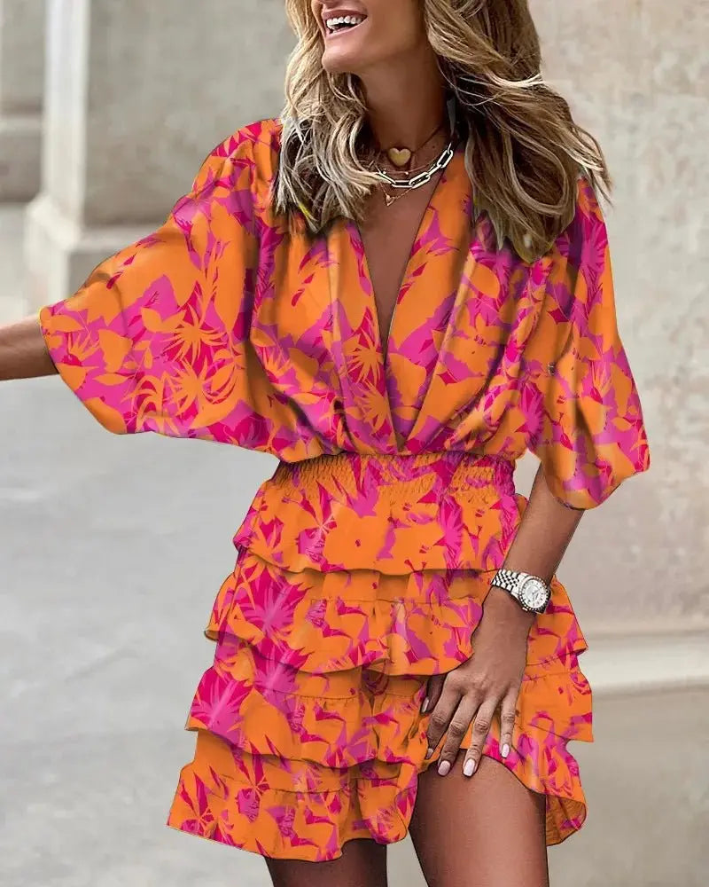 Damen Boho-Mini-Kleid mit V-Ausschnitt und Rüschen