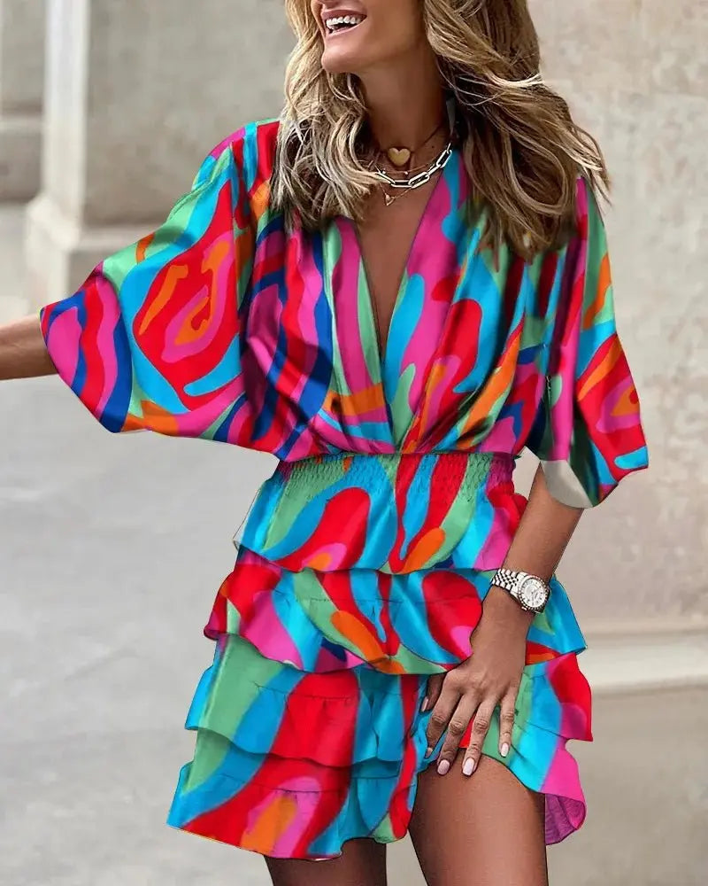 Damen Boho-Mini-Kleid mit V-Ausschnitt und Rüschen