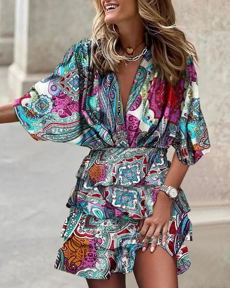 Damen Boho-Mini-Kleid mit V-Ausschnitt und Rüschen
